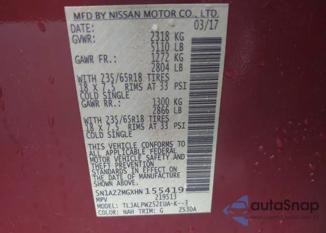 2017 Nissan Murano S z USA, uszkodzony, nr VIN 5N1AZ2MGXHN155419